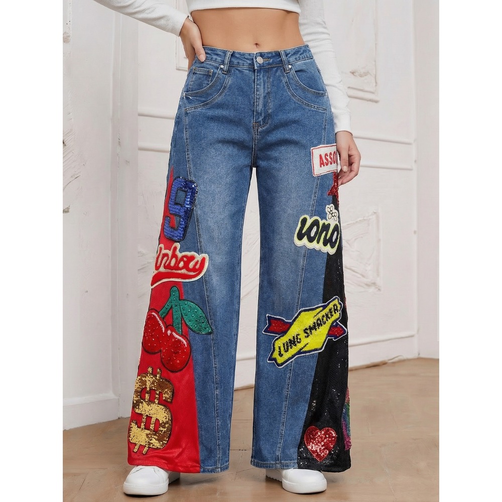 Akira Patchwork Sequin Wide Leg Jeans Blue Red Black‎ Mesh Flare SMALL W26 L33